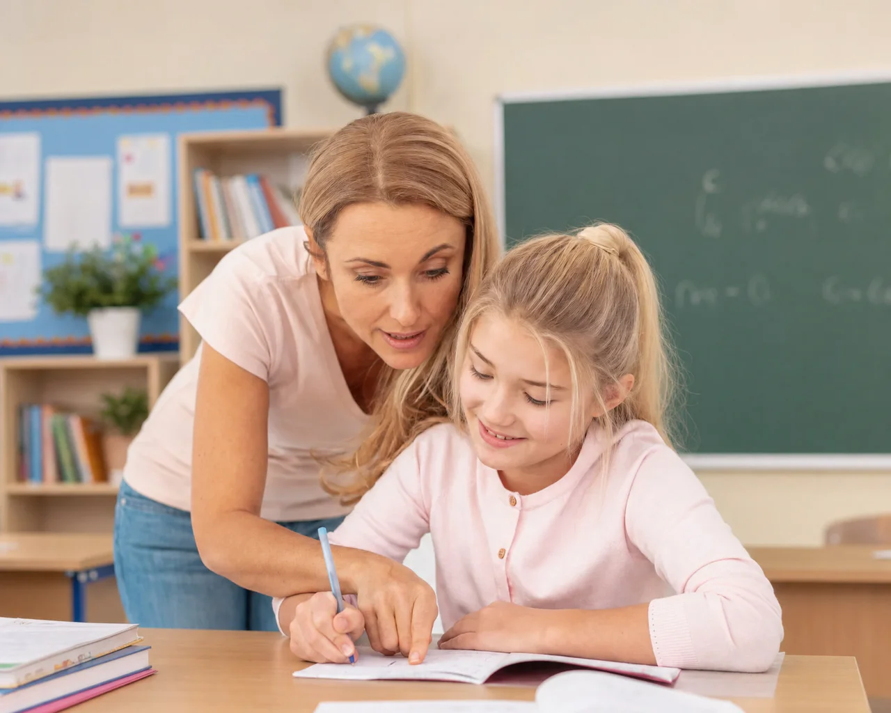 Schulbegleiterin unterstützt eine Schülerin im Klassenzimmer